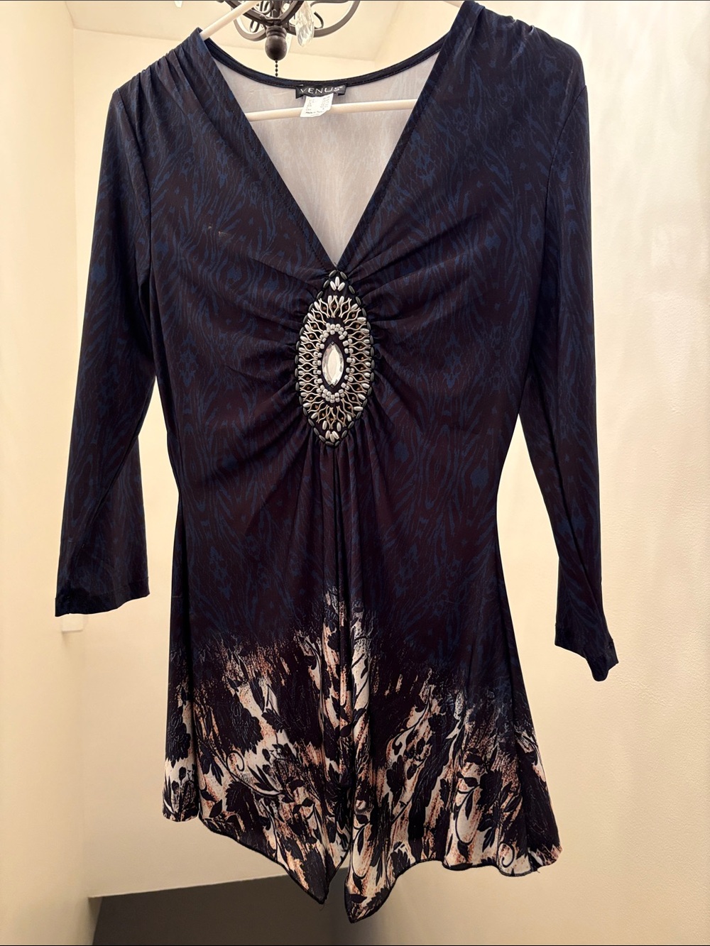 Venus Embellished V-Neck Top with Blue/Black Print, SM, NWOT